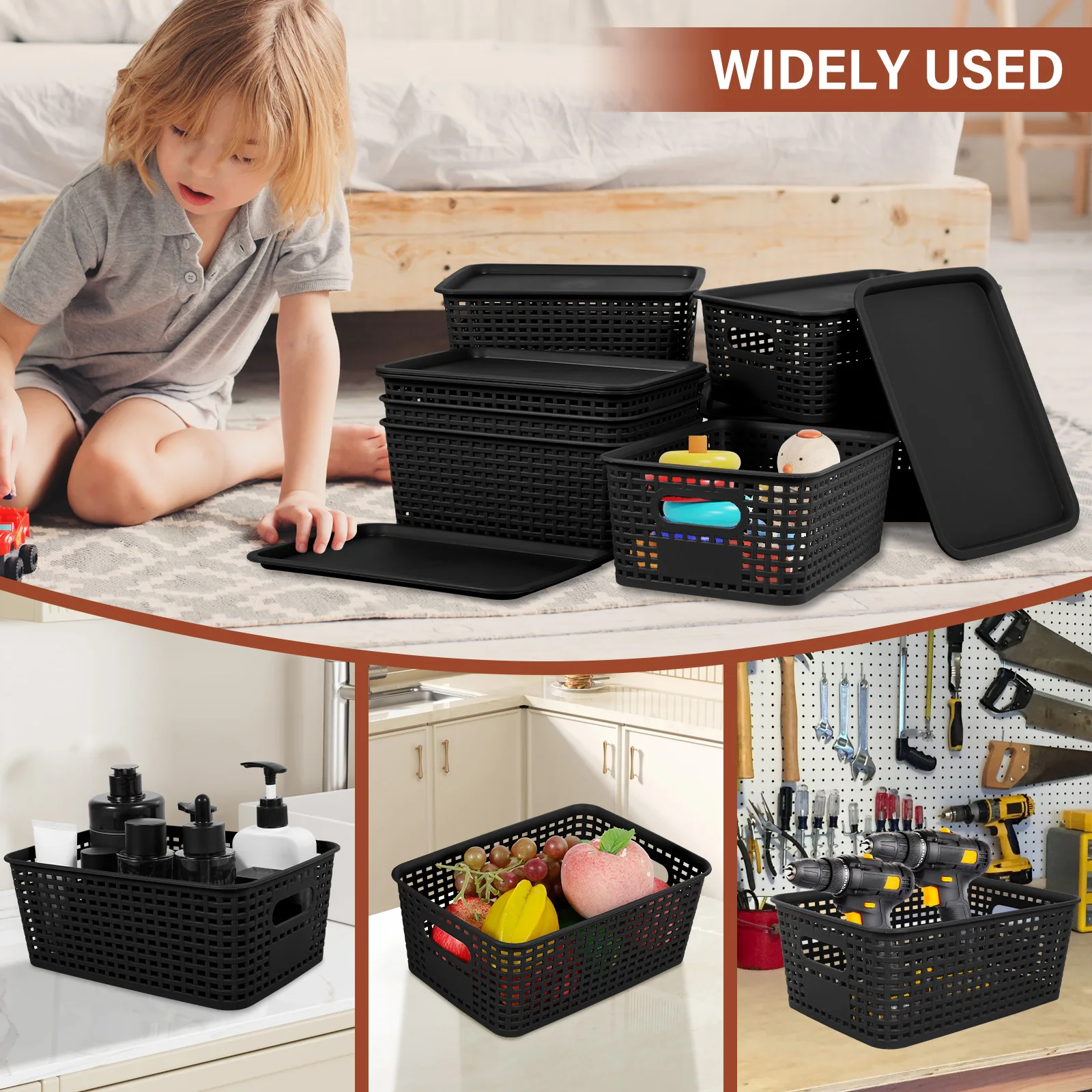 8Pcs Plastic Storage Basket Stackable Desktop Storage Organizer Bin with Handle and Lid Hollowed Out Side Woven Organizer Basket