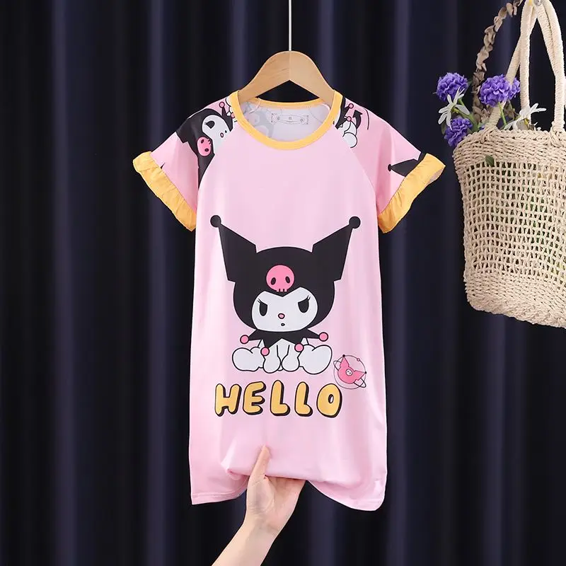 

Kawaii Sanrio Summer Girls Nightdress Mymelody Kuromi Cinnamoroll Short Sleeve Thin Cartoon Princess Style Children's Home Wear