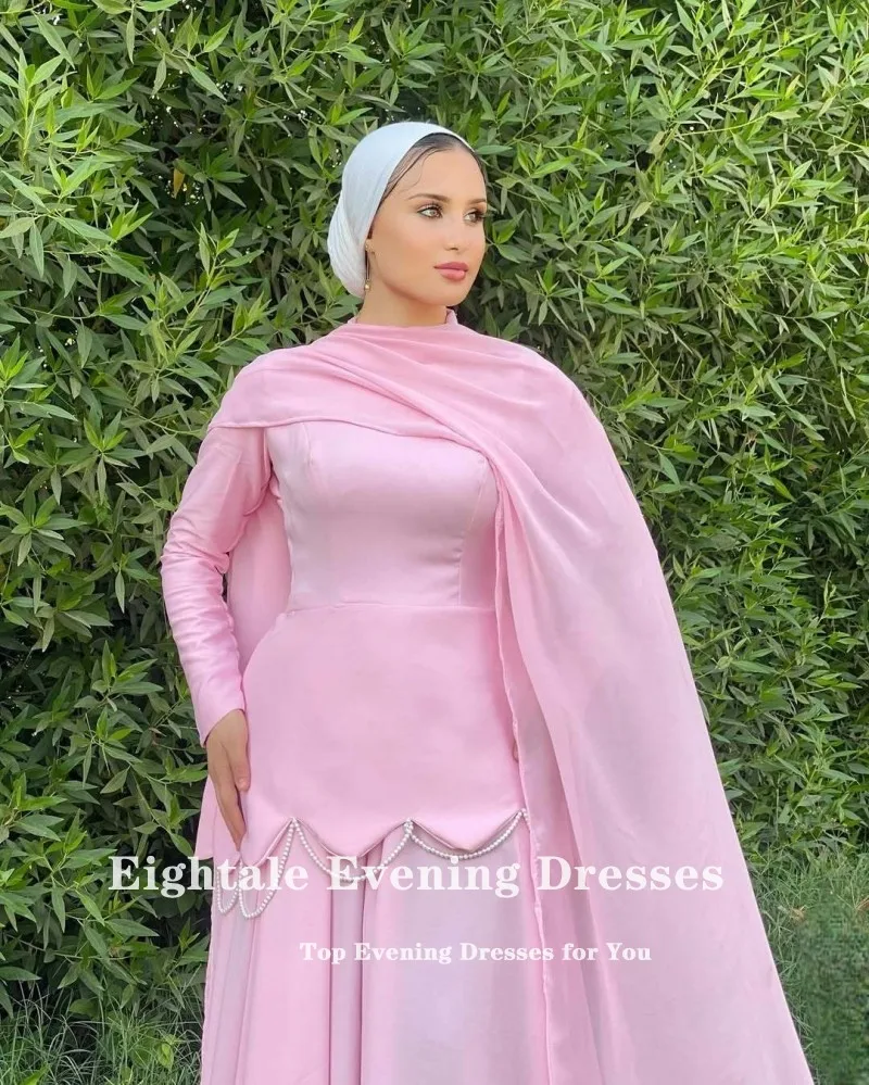 Eightale Arabic Evening Dresses Pink Long Sleeves Mermaid Satin Pearls A-Line Muslim Customized Prom Party Gowns for Wedding 5