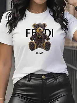 summer Graphic T-Shirt Short Sleeve Crew Neck with Soft Comfortable Spring Women's Light Blue Casual Teddy Bear 1