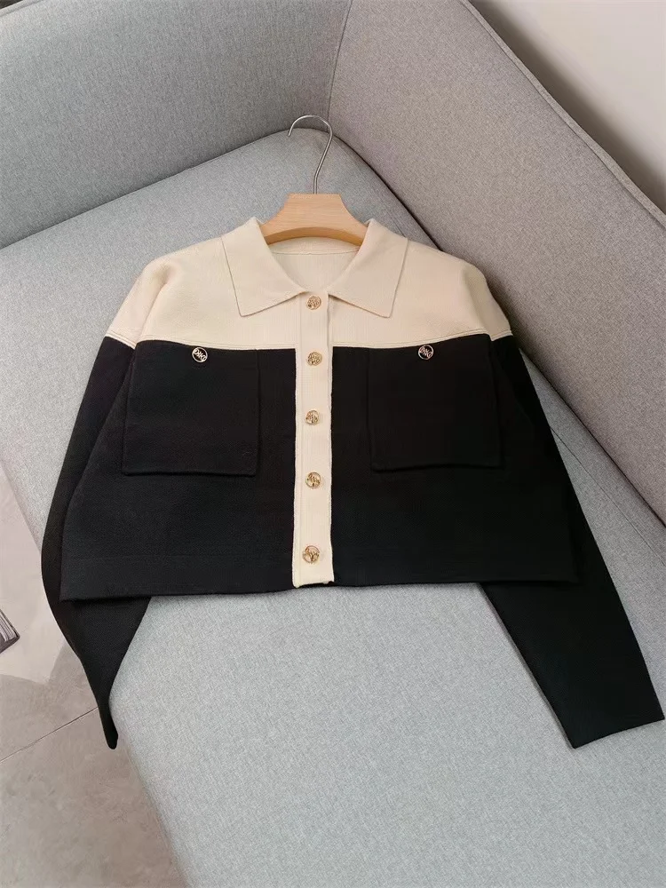 EOS 2023 Autumn New Brand S Knitted Cardigan Women Commute POLO Collar  Single-breasted Splicing Fashion Short Knit Coat Sweaters _ - AliExpress  Mobile
