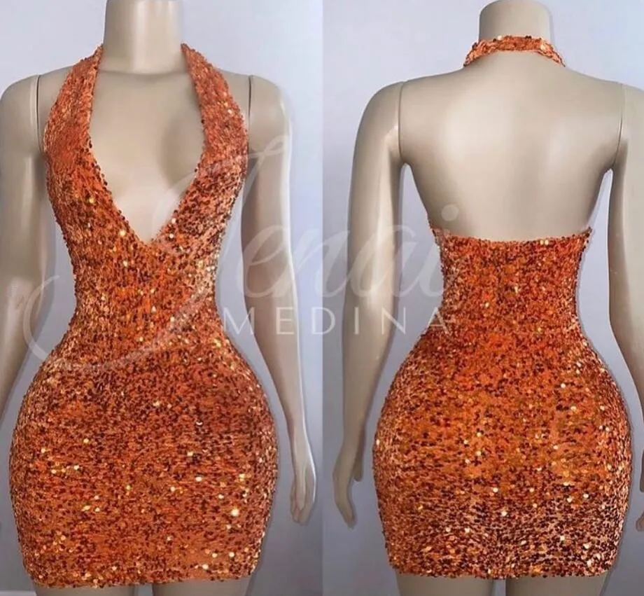 Pink Orange Sparkly Mini Evening Cocktail Dress customsize Halter Backless Gillter Velvet Sequins Black Girl Birthday Prom Gown