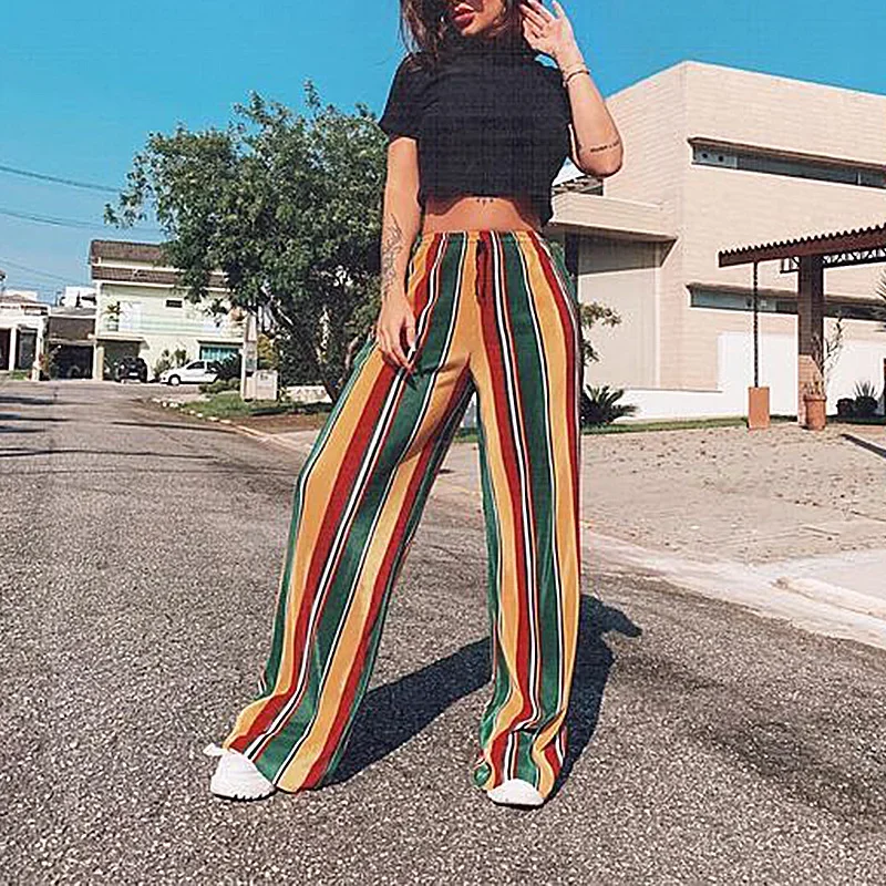 Casual Pants Women Autumn Rainbow Stripes Trousers Womens 2023 Simple Chic Trendy Office Lady All-match Harajuku New Pants blue vertical stripes rhinestone baggy jeans women 2023 autumn new loose casual straight trousers female denim wide leg pants