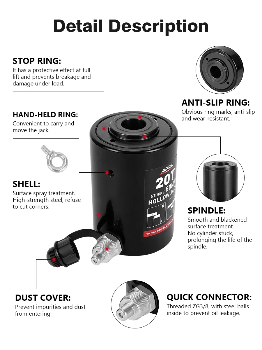 Hydraulic Hollow Plunger Jack 20ton 50mm Hollow Plunger Ram Hydraulic Hollow Cylinder RCH-2050 Hydraulic Lifting Maintenance 4