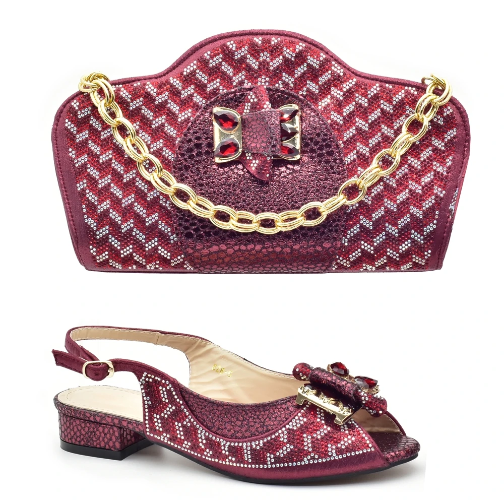 

New Arrival Wine Shoes and Bags Sets Decorated with Rhinestone Wedding Shoes Bride Africa Elegant Shoe and Bags Set for Party