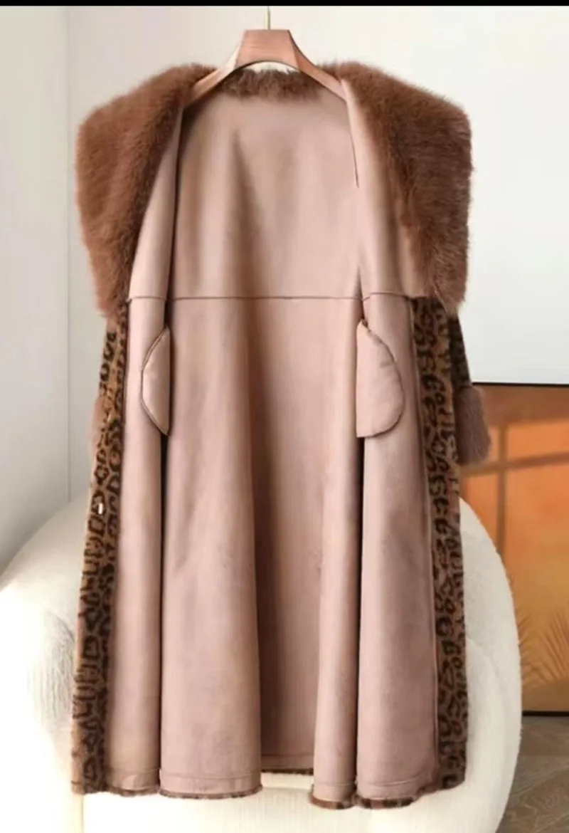Women's Coat 2025 Winter New Loose Leopard Print Coat Long Integrated Temperament Coat Fashionable fur fur Collar for Ladies WLF