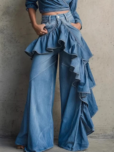 Jean en denim taille haute pour femme, coupe large, avec volants asymétriques superposés, style évasé, décontracté Y2K, coupe baggy 1
