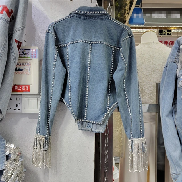 Vintage Blue Black Chain Tassel Denim Jacket Coat Women Loose Short Cowboy  Outerwear Long Sleeve Big Pocket Jeans Jackets Female