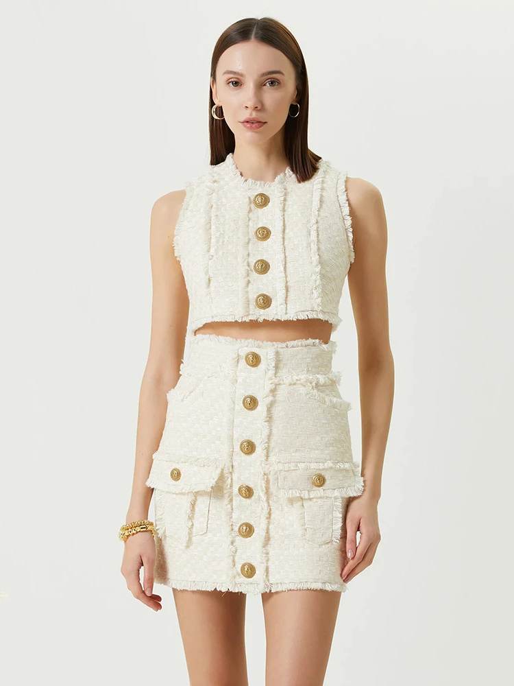 

BEVENCCEL 2023 Autumn Women's Sexy Round Neck Gold Button Front Plaid Tweed Sleeveless Cut Top+Short Skirt Slim Fit 2 Piece Set