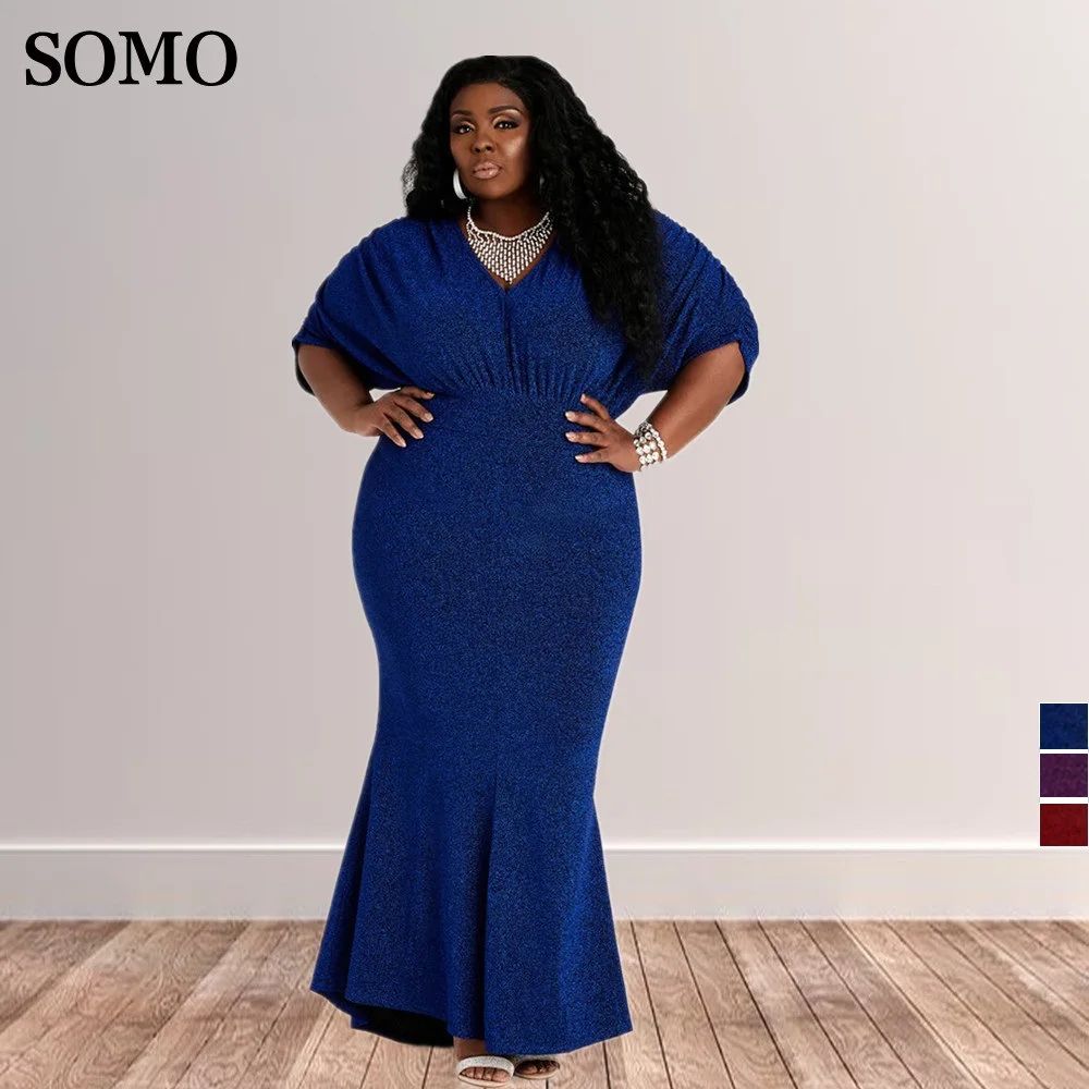 

Женское вечернее платье, Длинное Элегантное Платье макси с V-образным вырезом, полурукавами, высокой талией и складками, размера плюс