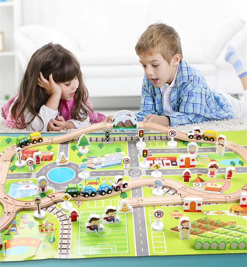 

[Funny] 80pcs/set Wooden Urban Traffic Track rail car small train building blocks toys kids education toys baby birthday gift