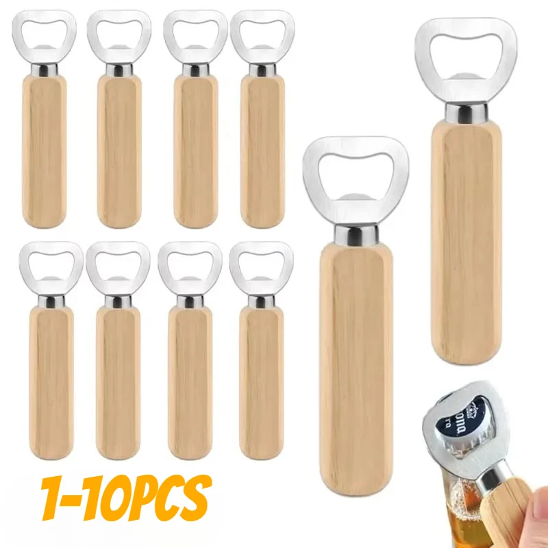 1-10PCS 나무 손잡이 맥주 오프너 스테인레스 스틸 병따개 벽걸이형 바 액세서리 가정용 주방 파티용