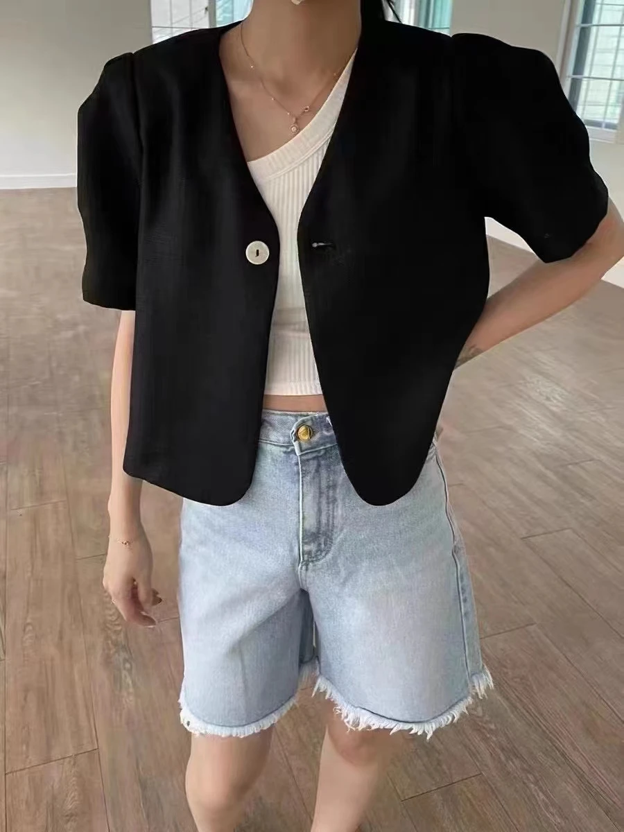 한국 스타일 여름 심플한 리넨 짧은 정장 셔츠 다목적 하이 엔드 느낌 원 버튼 다목적 미니 겉옷 탑