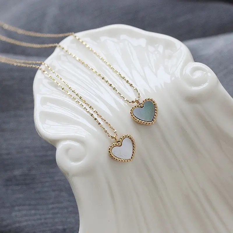 여성용 스테인레스 스틸 하트 모양 러브 목걸이, 그레이 또는 화이트 쉘 펜던트 목걸이, 럭셔리 트렌디 파티 2021 주얼리