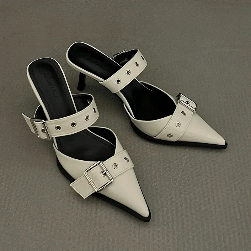 Punk Goth Metal Buckle High Heels Women's Sandals Summer  Pointed Toe Silver Party Shoes Fashion Womens Pumps Shoes Tacones 3