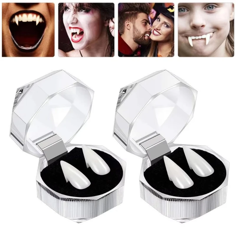 1/2/3/4 Paar Halloween Scharfe Zahnprothesen Requisiten Kostümzubehör Klebe-Zahnprothesen Cosplay Party Deko Make-up Zubehör Großhandel