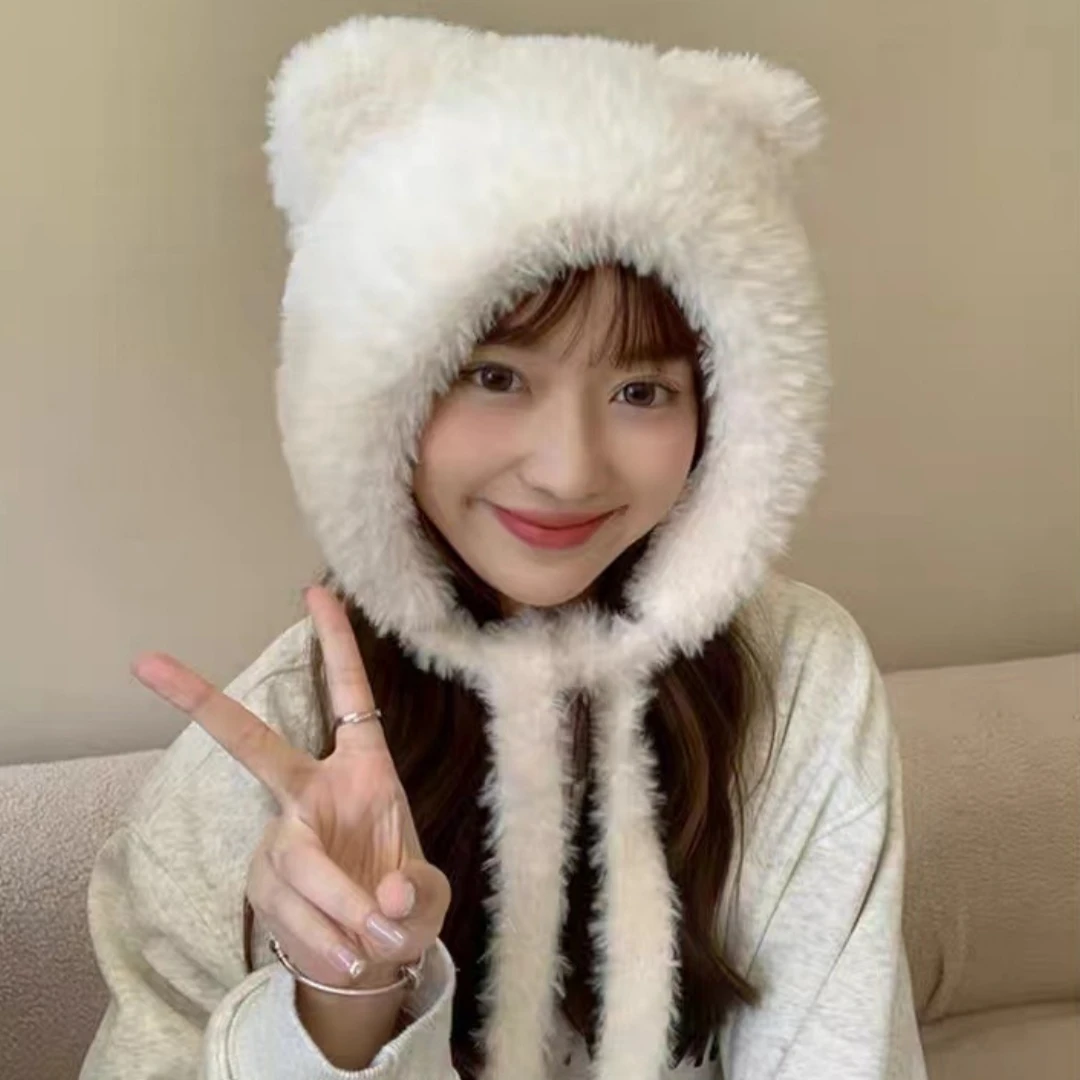 Women's Bear Ear Hooded Hat Fluffy Cute Bear Ear Design Windproof Warm Ear Protection Large Head Size Spring Autumn Winter Cap
