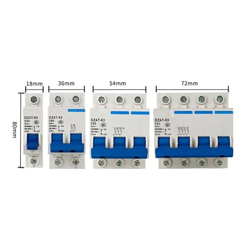 DZ47 400V 1-4P 6-63A C Type Mini Circuit Breaker MCB Short Overload Circuit Protector 35mm Din Rail Mount