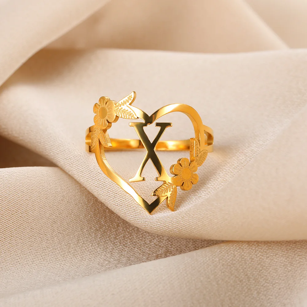 Stainless Steel Initials Flower Heart Rings Gold Color Adjustable Delicate Letter Leaf Rings for Women Girl Alphabet Jewelry