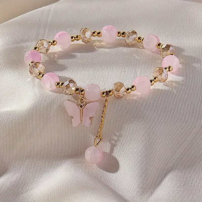 Purple Butterfly Charm Stretch Bracelet with Multi-Color Faceted Beads - Cute Jewelry Gift