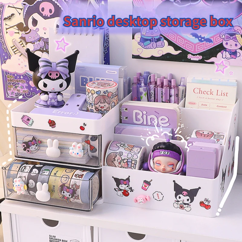 Kawaii Sanrio Desktop Storage Box Organizer Per Cassetti Kuromi Stickers Scrivania Storage Rack Scatole Portaoggetti Per Cancelleria Portapenne Carino