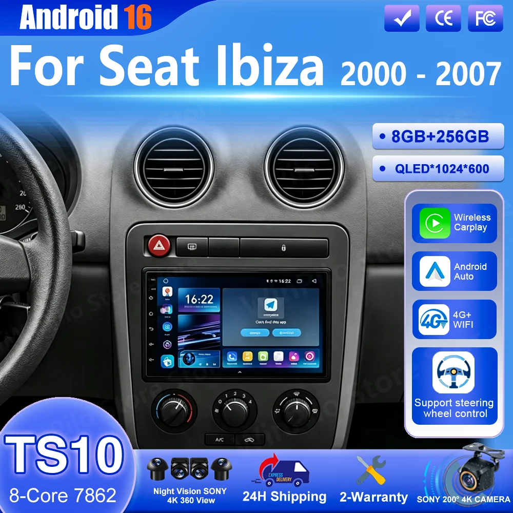 Radio para Auto Android 16 para Seat Ibiza 2000 2001 2002 2003 2004 2005 2006 2007 Reproductor Multimedia para Auto CarPlay GPS Navegación Estéreo 1