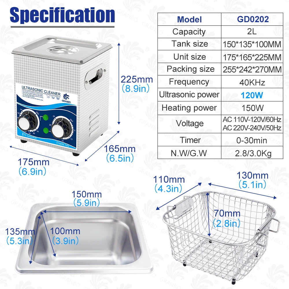 Granbo 소형 물체용 초음파 클리너, 전원 SUS304 욕조, 2L, 120W, 40KHz, 80 ℃ 가열 타이밍, 30 분