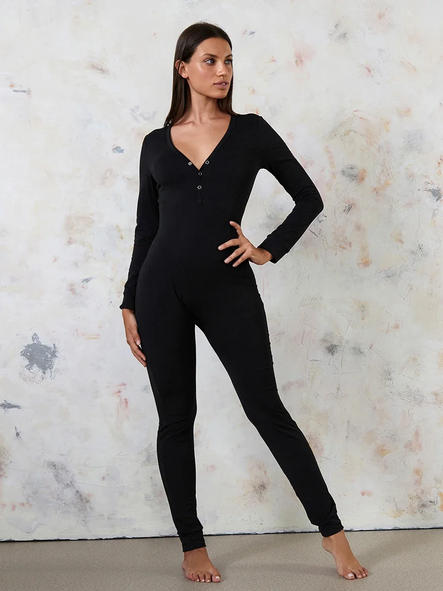 Women Functional Buttoned Flap Pajama Jumpsuit Sleepwear Solid Color/Printed Long Sleeve Homewear Harajuku Sleepwear pyjama