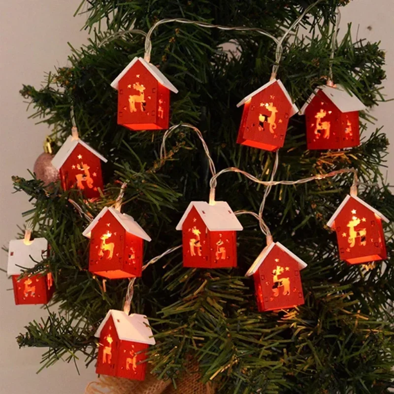 Christmas Wooden House LED String Light Xmas Tree Garland Home Fairy Lamp Merry Christmas Hanging Ornament Gifts