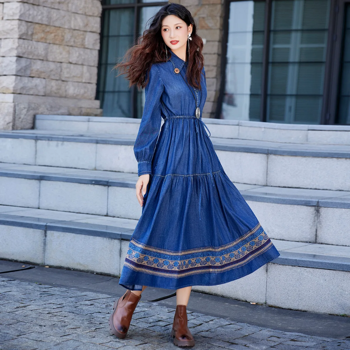 

High-end Luxury Designer Clothing Denim Maxi Dress Long Sleeves Women Vintage Embroidery Robe Button Korean Party Dresses New