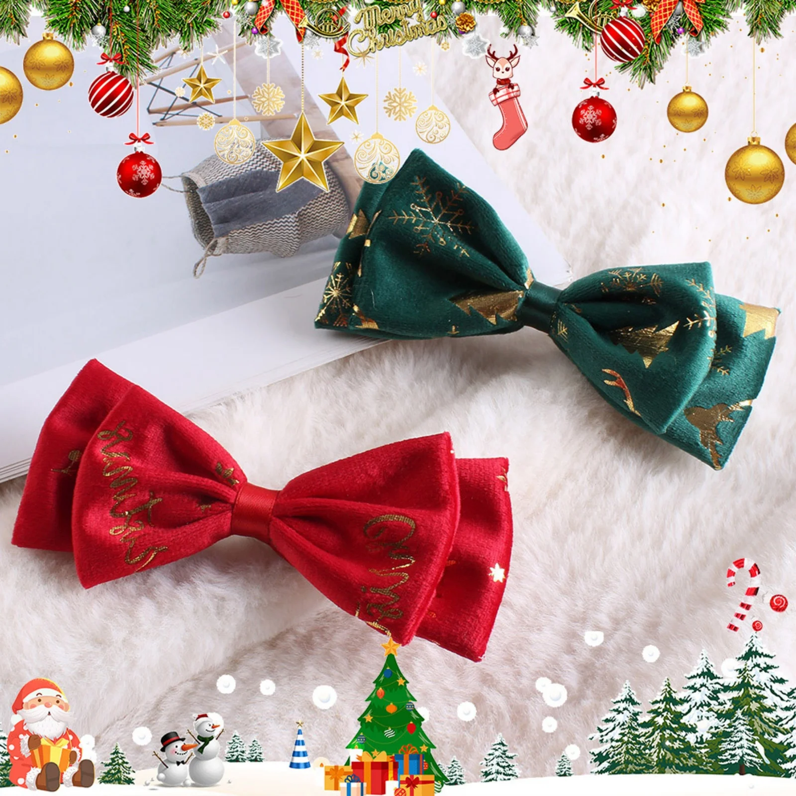 1PC Christmas Bow Hair Clips-Festive Red Green Gold Printed Hair Accessories For Women Girls Xmas Holiday Party Hair Decoration