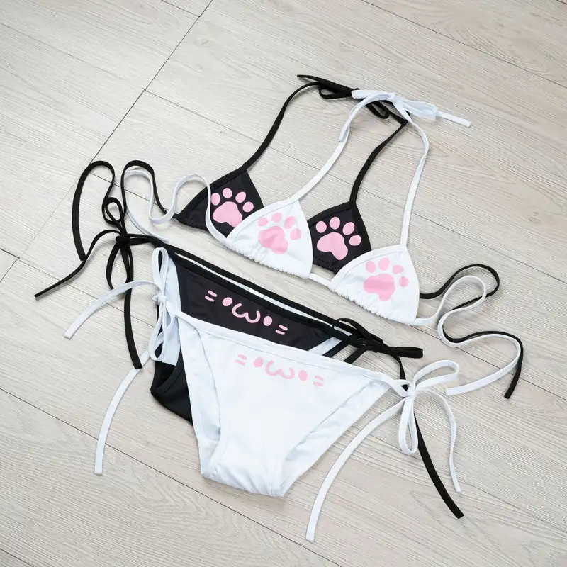 Anime Cat Paw Bikini Set Cat Girl Cosplay Costume Bandage Backless Swimsuit Cute Girl Underwear Role Play Lingerie Women Outfits - Image 4