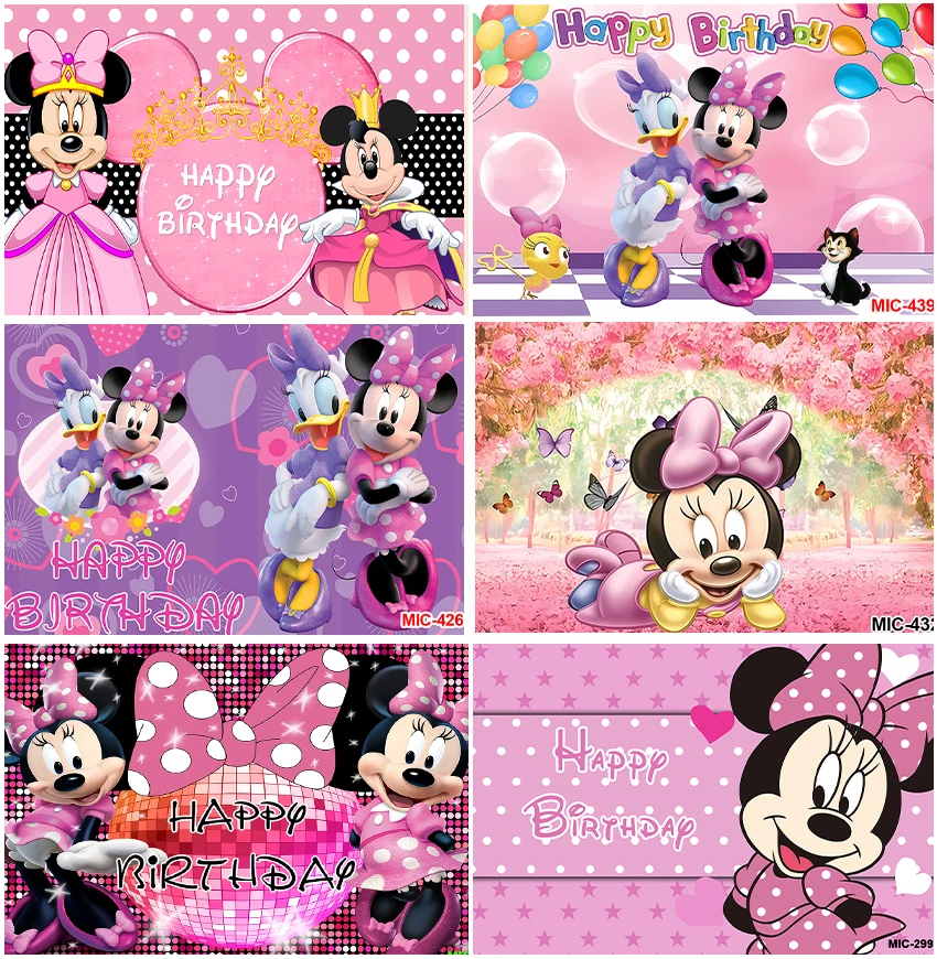 

Newborn Backdrops Disney Minnie Pink Happy Birthday Decor Daisy Duck Backgrounds Photographic Photocall Studio Banner Poster