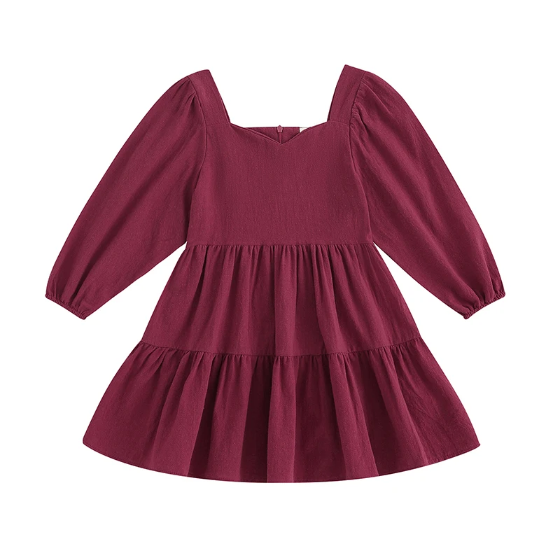 

Kids Girls Dress Solid Color Square Neck Long Sleeve Dress Fall Fashion Casual Princess Dress