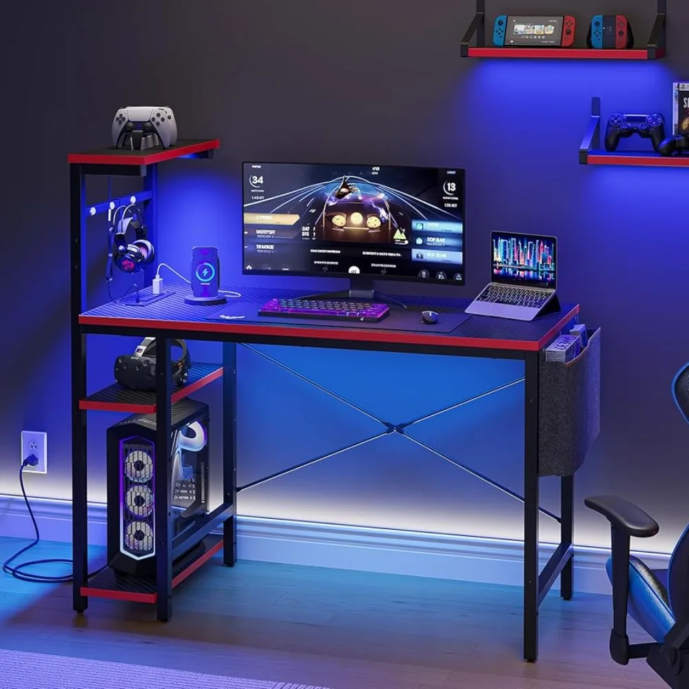 Gaming Desk with Power Outlets, PC Gaming Table with Headset Hook & Side Storage Bag for Bedroom