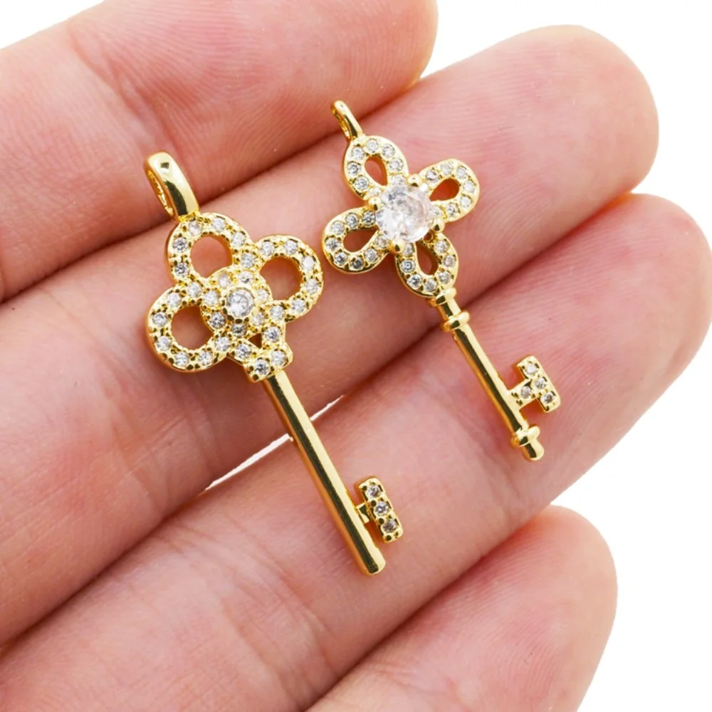 

2023 New Exquisite Flower Key Necklace Pendant Gold Plated Zircon Accessories DIY Making Vintage Jewelry Gifts