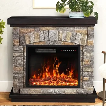 Heater TV Stand，750W/1500W，Mantel, 36 "Stone Fireplace，with Remote Control, Realistic Flame Effect，3D Log, Electric Fireplace