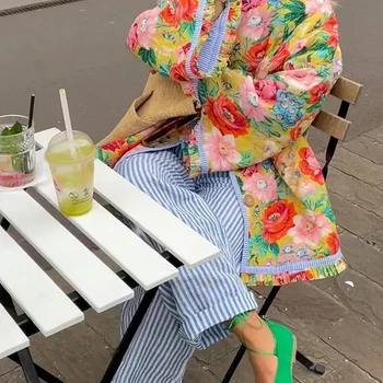 여성용 크롭 퍼퍼 퀼트 재킷, 경량 플로럴 프린트 짧은 패딩 코트, 오픈 프론트 카디건 아우터