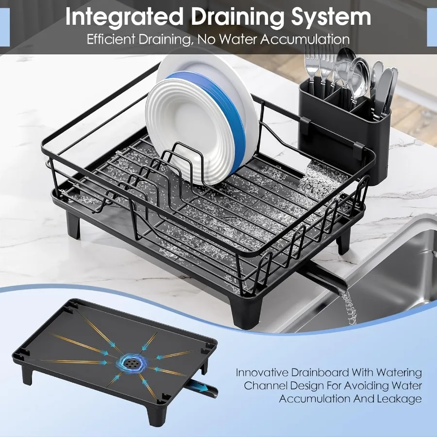 Dish Drainers for Kitchen Counter Large Capacity Dish Drying Rack with Drainboard Rustproof Sturdy Design Black Dish Rack Perfe