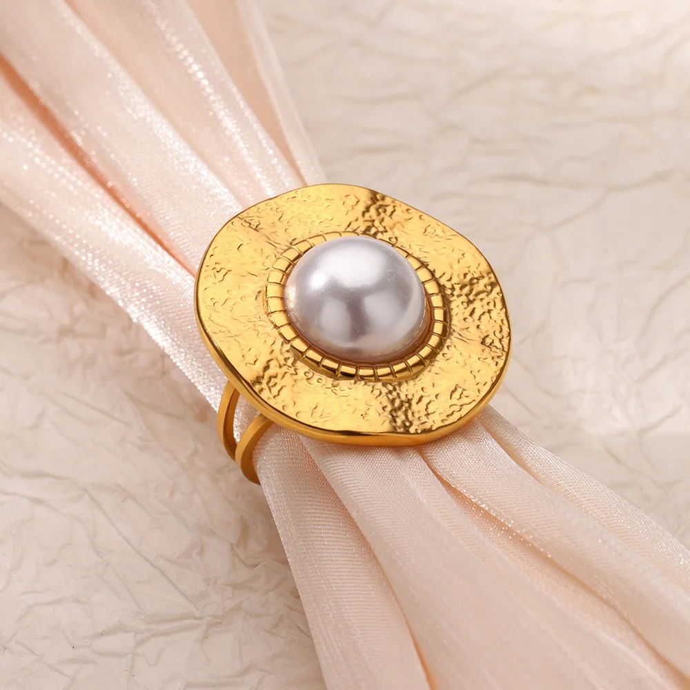 Women Round Imitation Pearl Stainless Steel Rings Gift