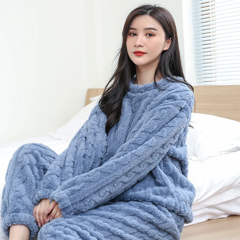 2pcs Fleece Pajama Sets Women Flannel Long Sleeve Warm Thicken Pajamas Thermal Winter Pyjamas Set Nightwear Sleepwear Plus Size