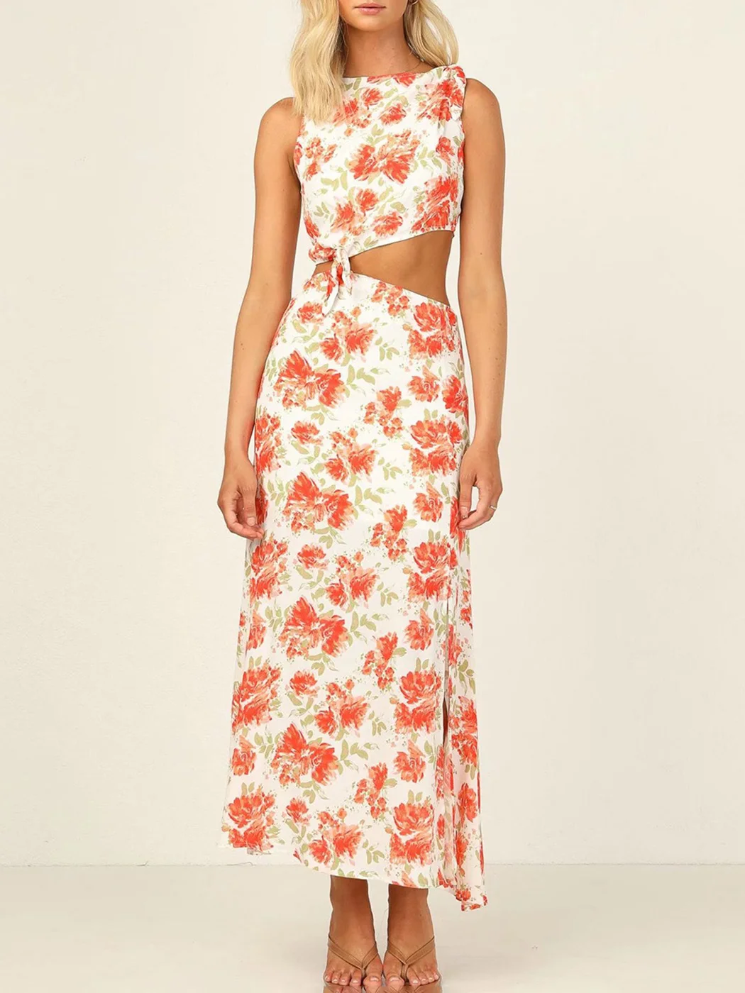 Jastie Boho Flower Print Chic Tank Dress Women Bandage O Neck Sleeve Show Waist Split Hem Vestidos Holiday Beach Casual Dresses |