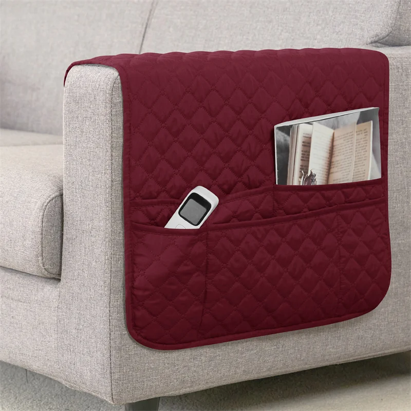 Premium Water-Repellent Plaid Sofa Armrest Cover with Storage Pocket