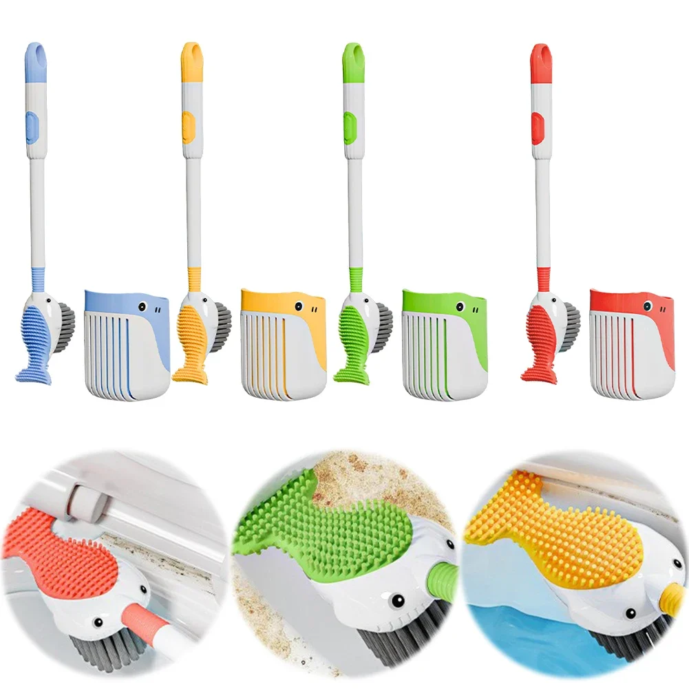 Suction Cup Toilet Brush Refillable Handle Dispenser Cartoon Animal Toilet Brush Long Handle Toilet Brush Bathroom Cleaning Tool