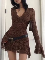 Summer Y2k Women's Dresses Sexy Sheer Mesh Lace Bodycon Dress Flared Long Sleeve V-Neck Mini Dress Party Club Evening Dresses - Image 5