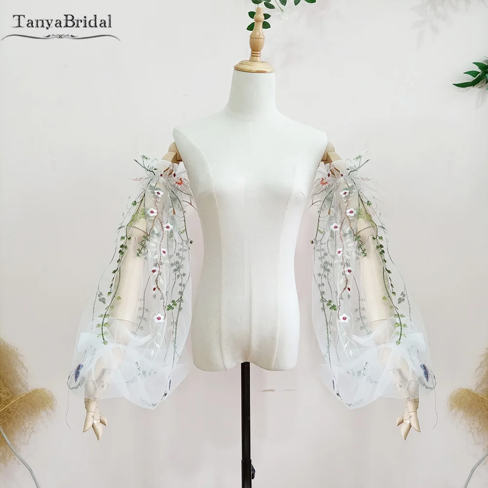 Puff Emboridery Lace Wedding Sleeves Colorful Lace Removeable Long