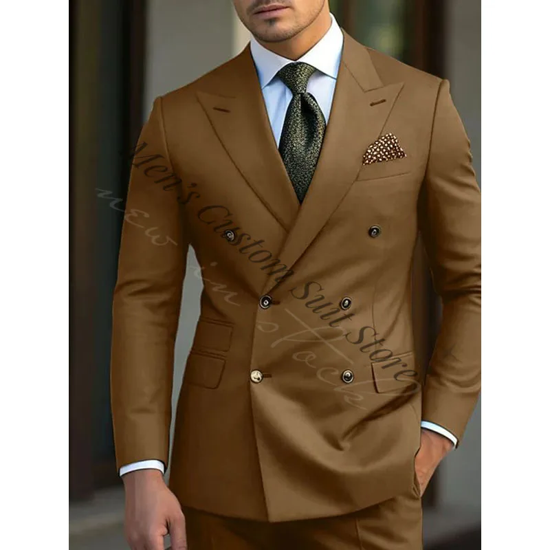 

Stylish Brown Peaked Lapel Men's Suit 2 Pieces Set Double Breasted Formal Wedding Groomsman Tuxedos Male Outfit Blazer Pants