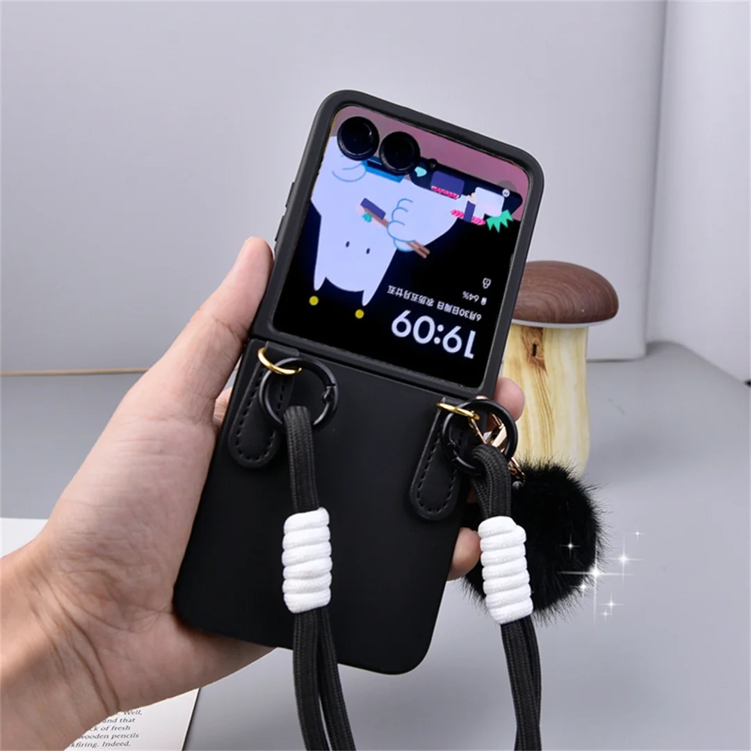 Korean Cute Solid Color Black Plush Ball Portable Rope Phone Case Back Cover