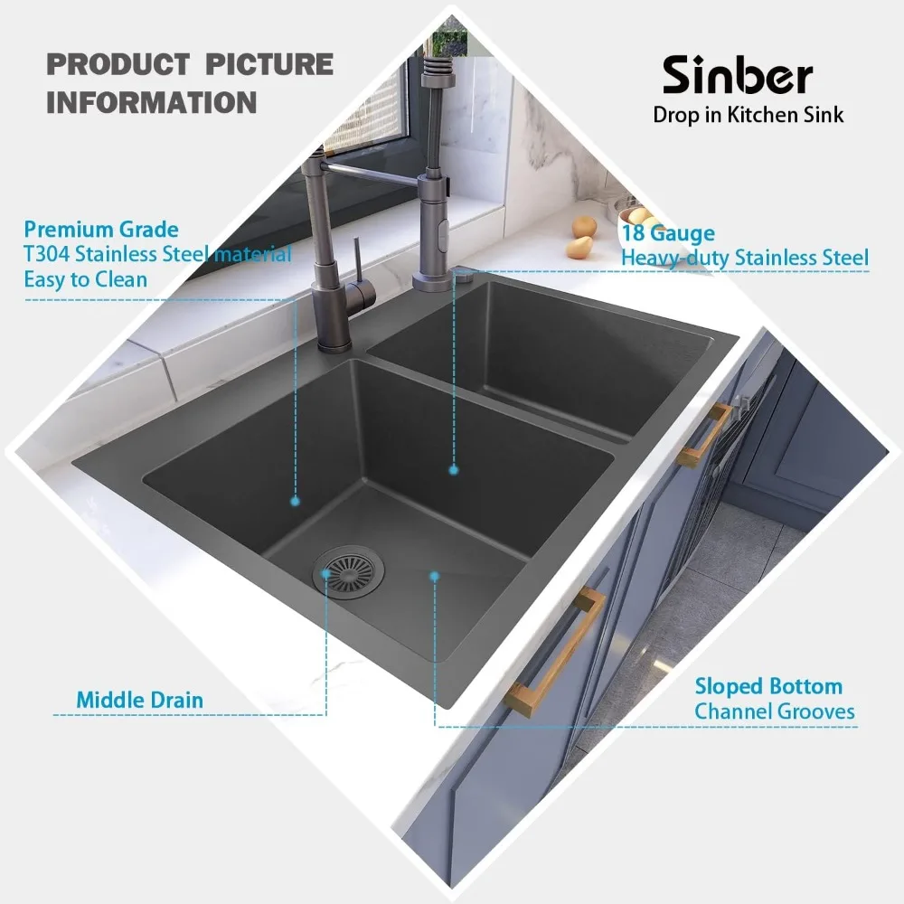 Stainless Steel Kitchen Sink (33&rdquo; x 22&rdquo; x 9&rdquo;(Black Sink Only))