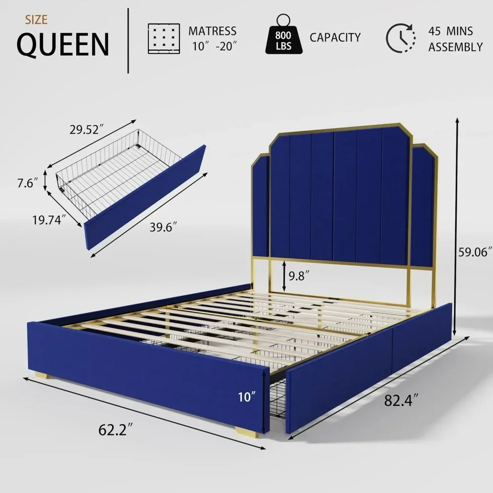 Bed Frame with Storage Drawers - High Headboard Upholstered Bed Frame in Plush Velvet with Gold Accents Beds Frames 3
